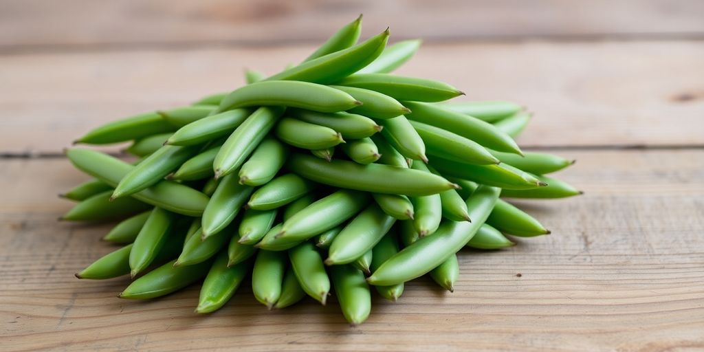 Pile of fresh lima beans in pods.