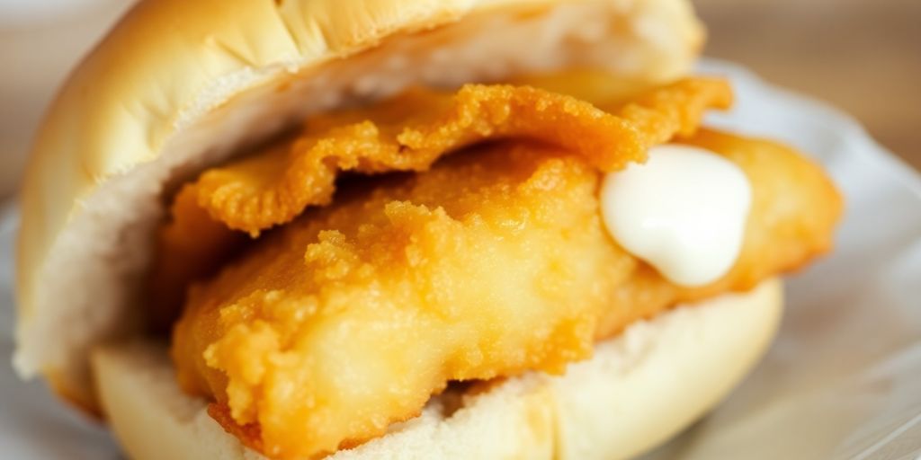 A golden-brown Filet-O-Fish sandwich with a soft bun and tartar sauce.